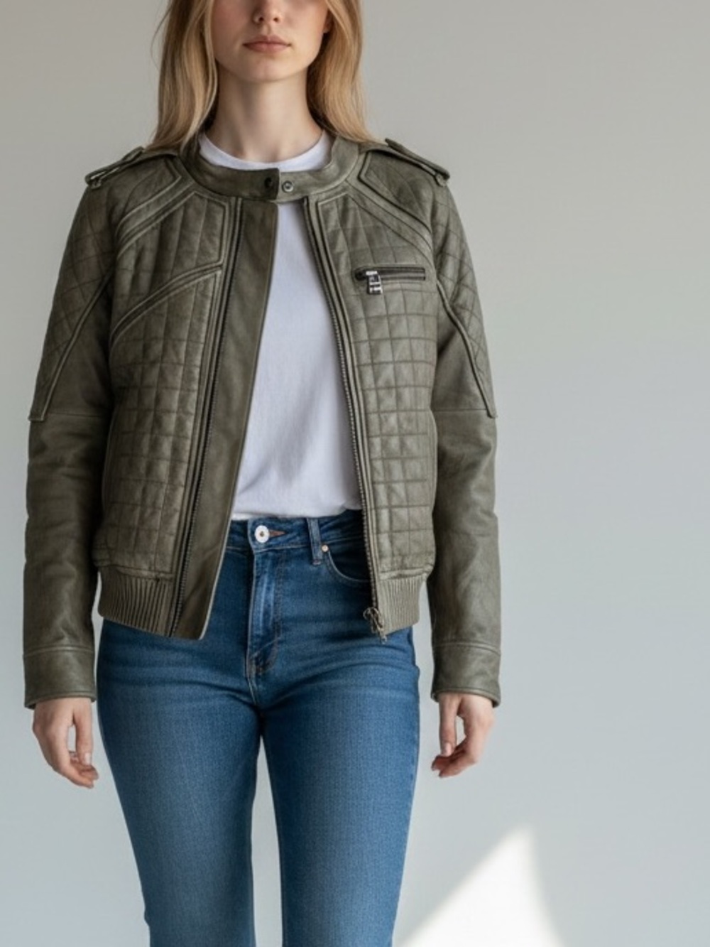 L.A.M.B. GWEN STEFANI KHAKI LEATHER MOTO JACKET